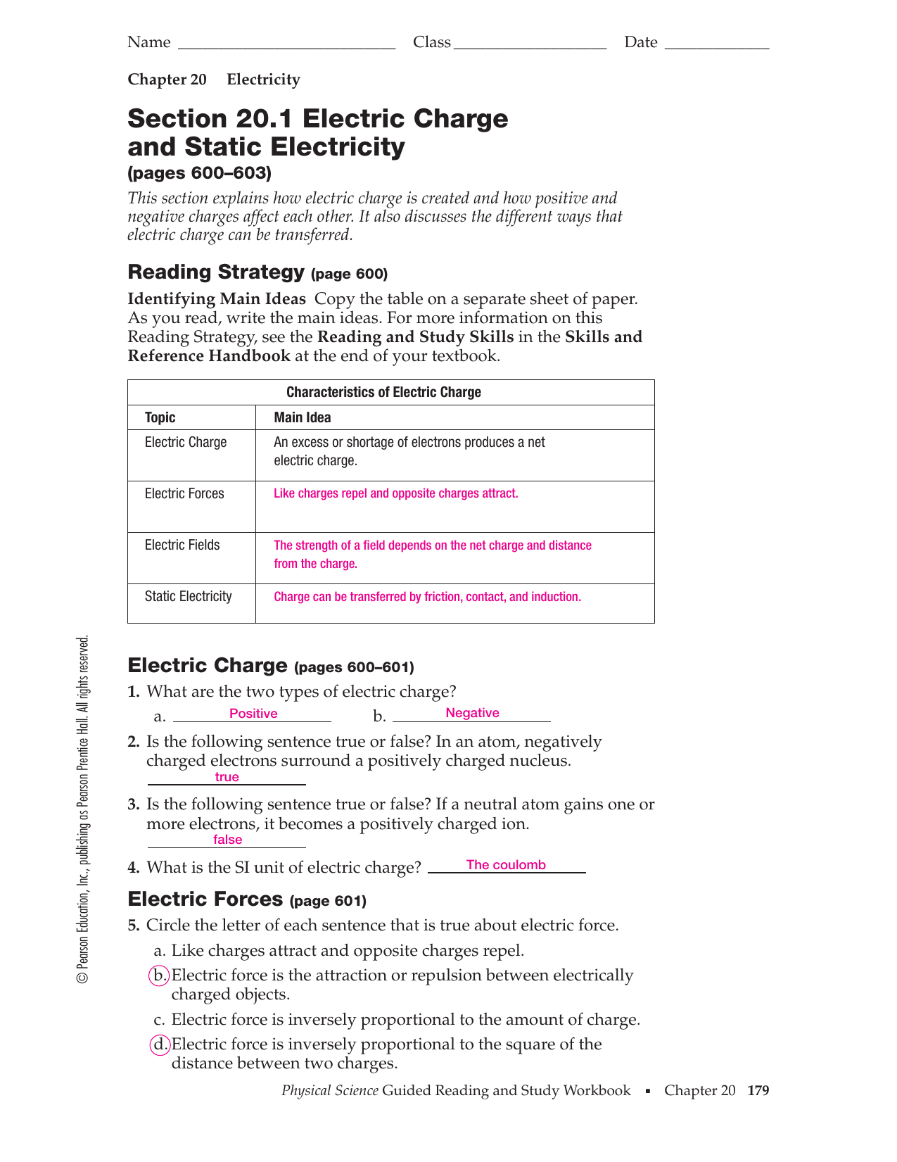 Section 221.21 Electric Charge and Static Electricity Regarding Charge And Electricity Worksheet Answers