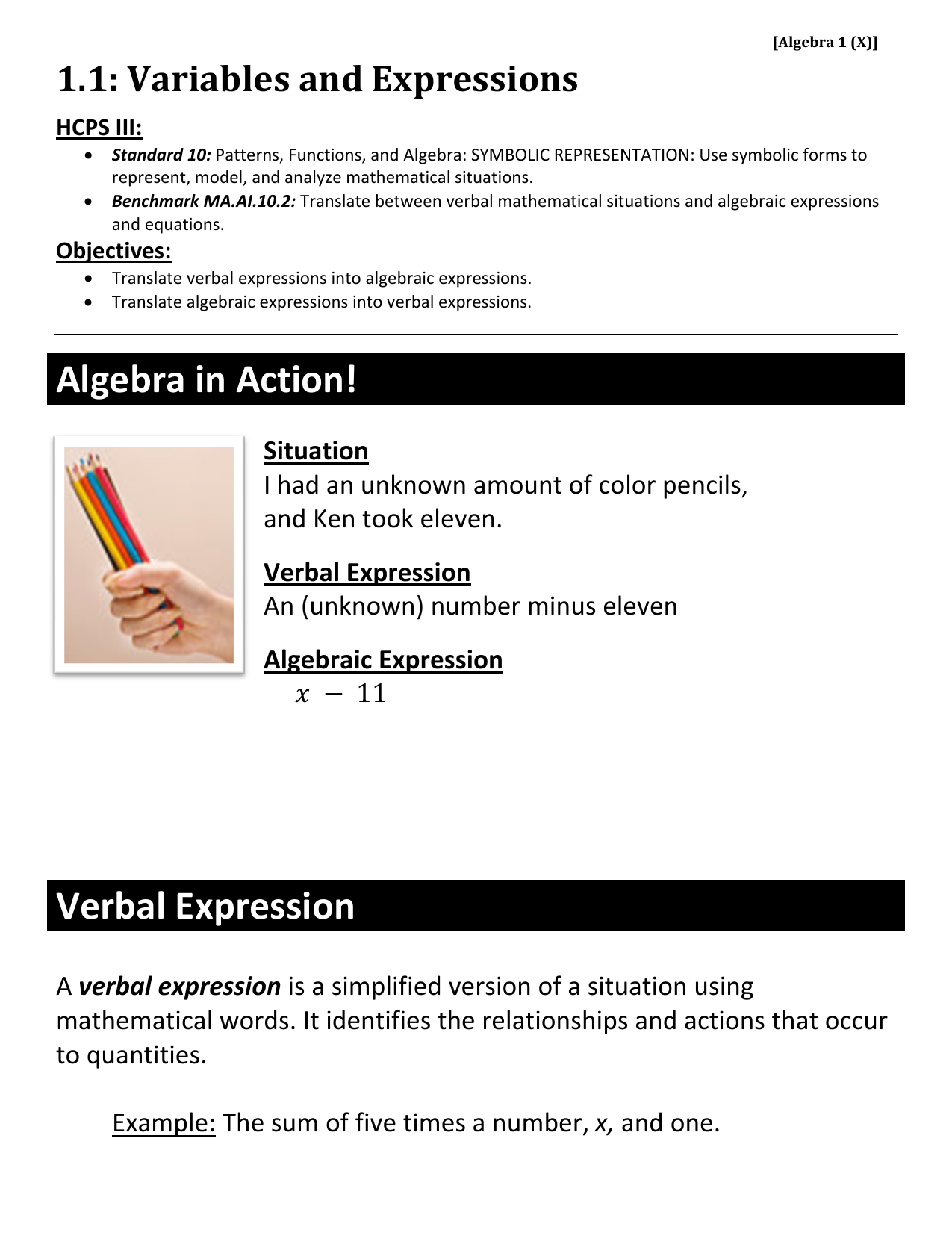 Algebra In Action Verbal Expression