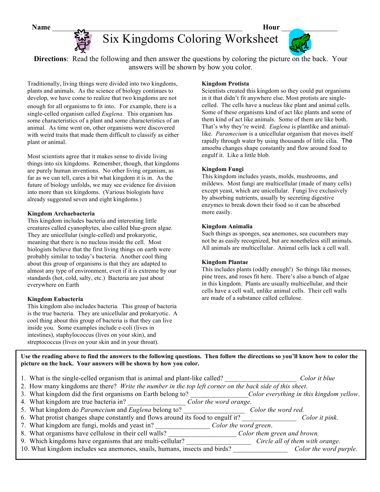 Six Kingdoms Coloring Worksheet Intended For Sponges A Coloring Worksheet