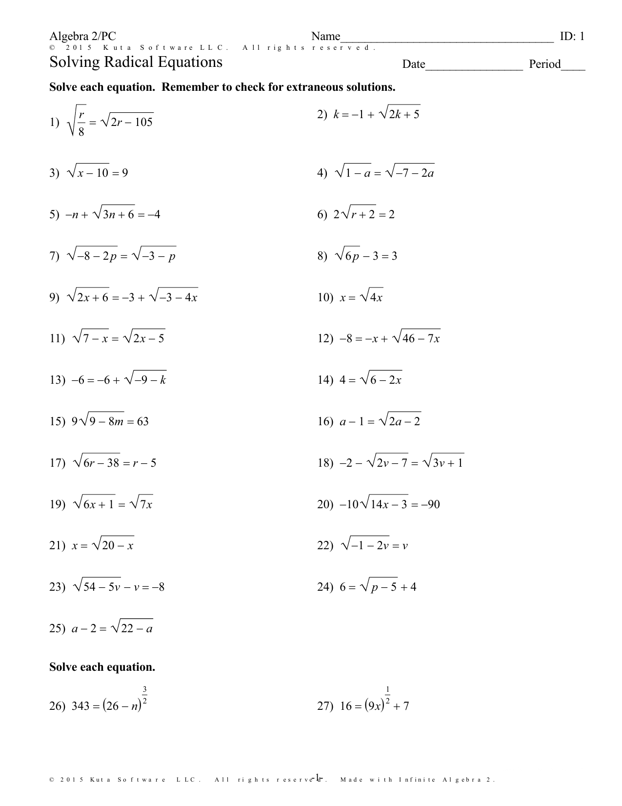 Infinite Algebra 20 - Solving Radical Equations Throughout Solve Radical Equations Worksheet