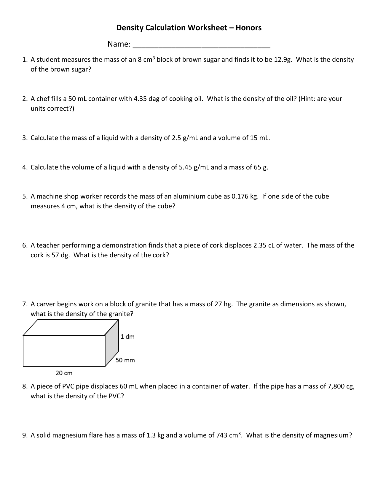 Density Calculation Worksheet – Honors Name: Pertaining To Science 8 Density Calculations Worksheet