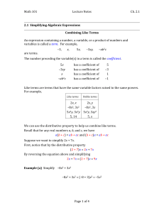 Math 101 Lecture Notes Ch. 2.1 Page 1 of 4 2.1 Simplifying Algebraic