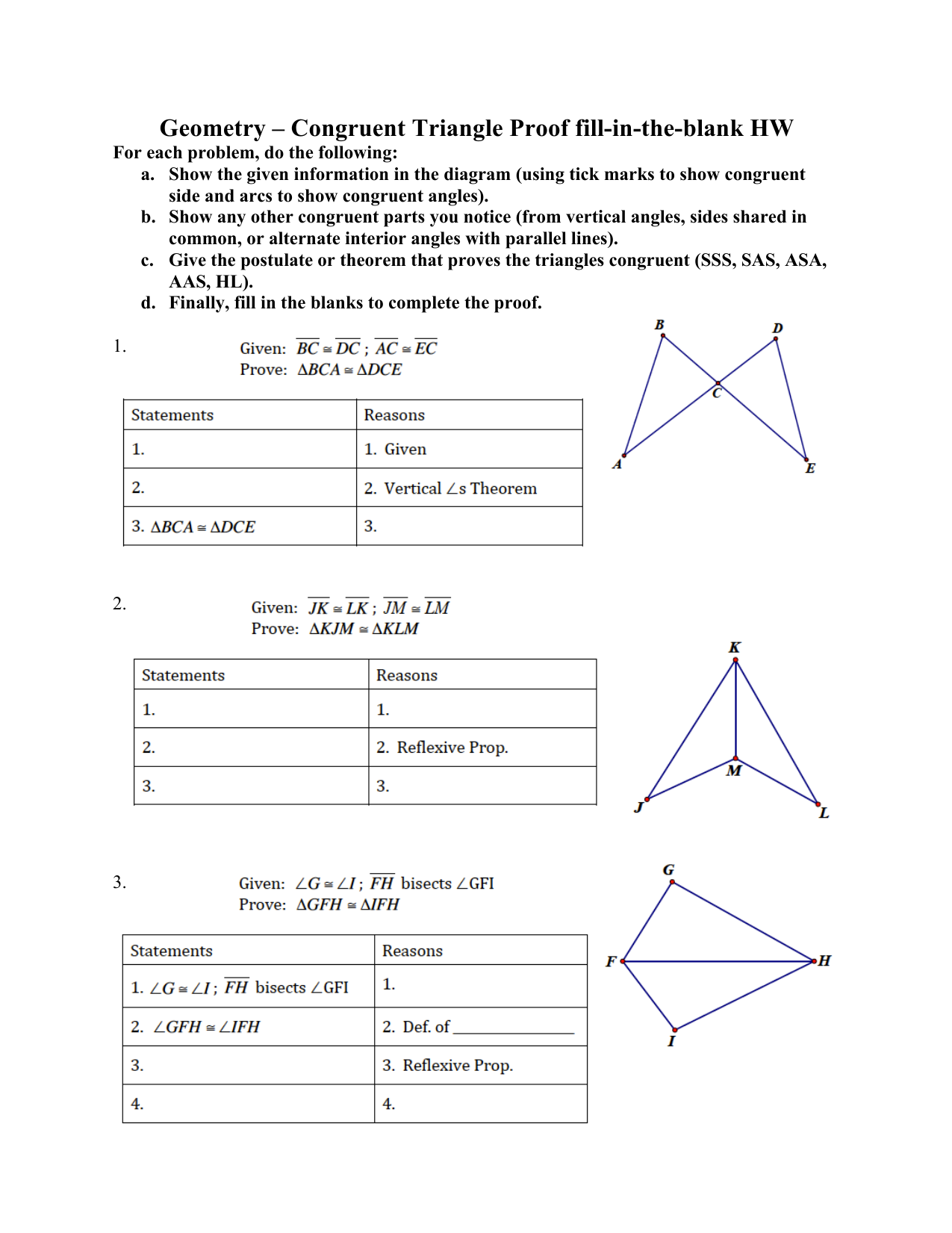Geometry – Congruent Triangle Proof fill-in-the-blank Throughout Proving Triangles Congruent Worksheet