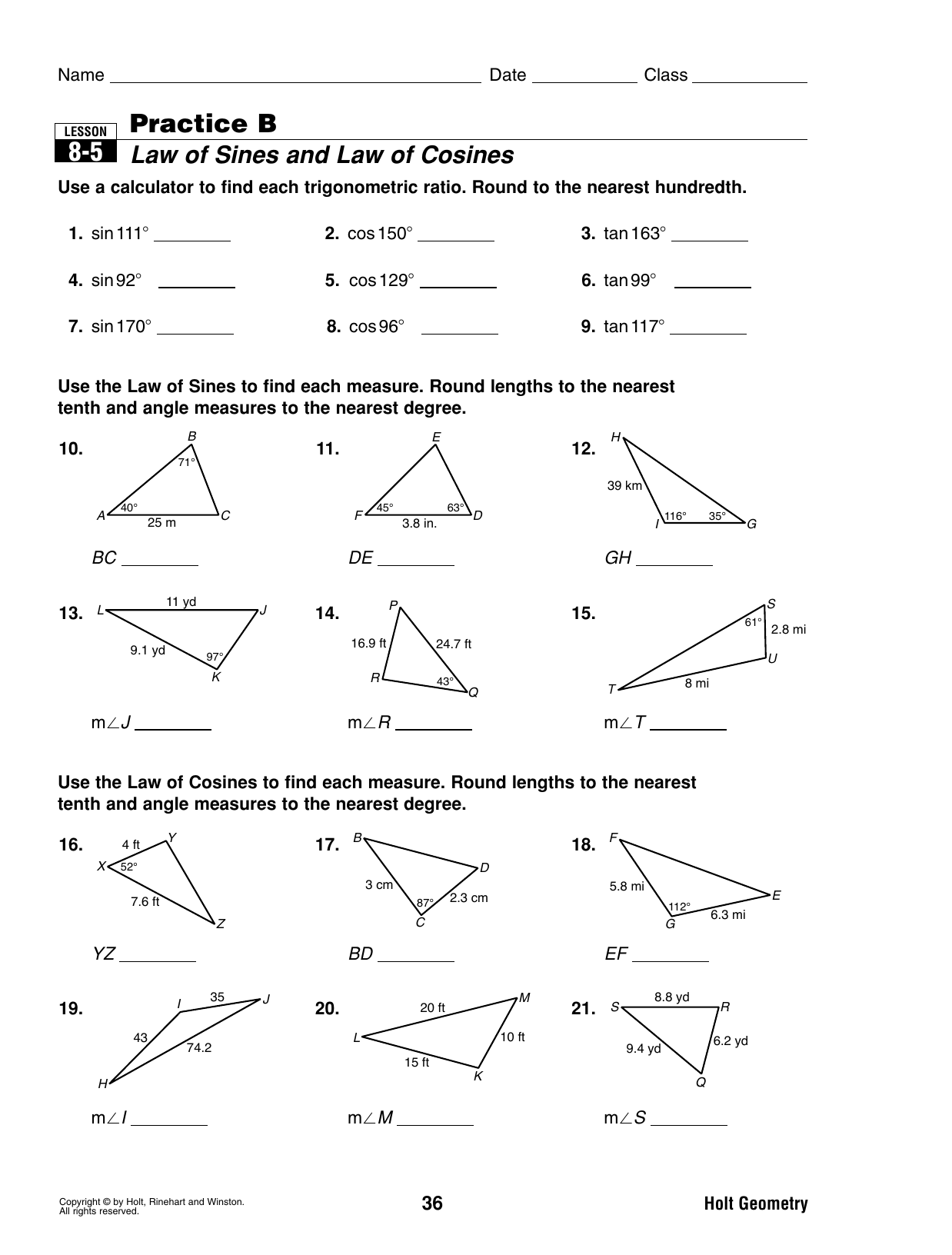 21-21 Practice B Law of Sines and Law of Cosines With Law Of Sines Worksheet Answers