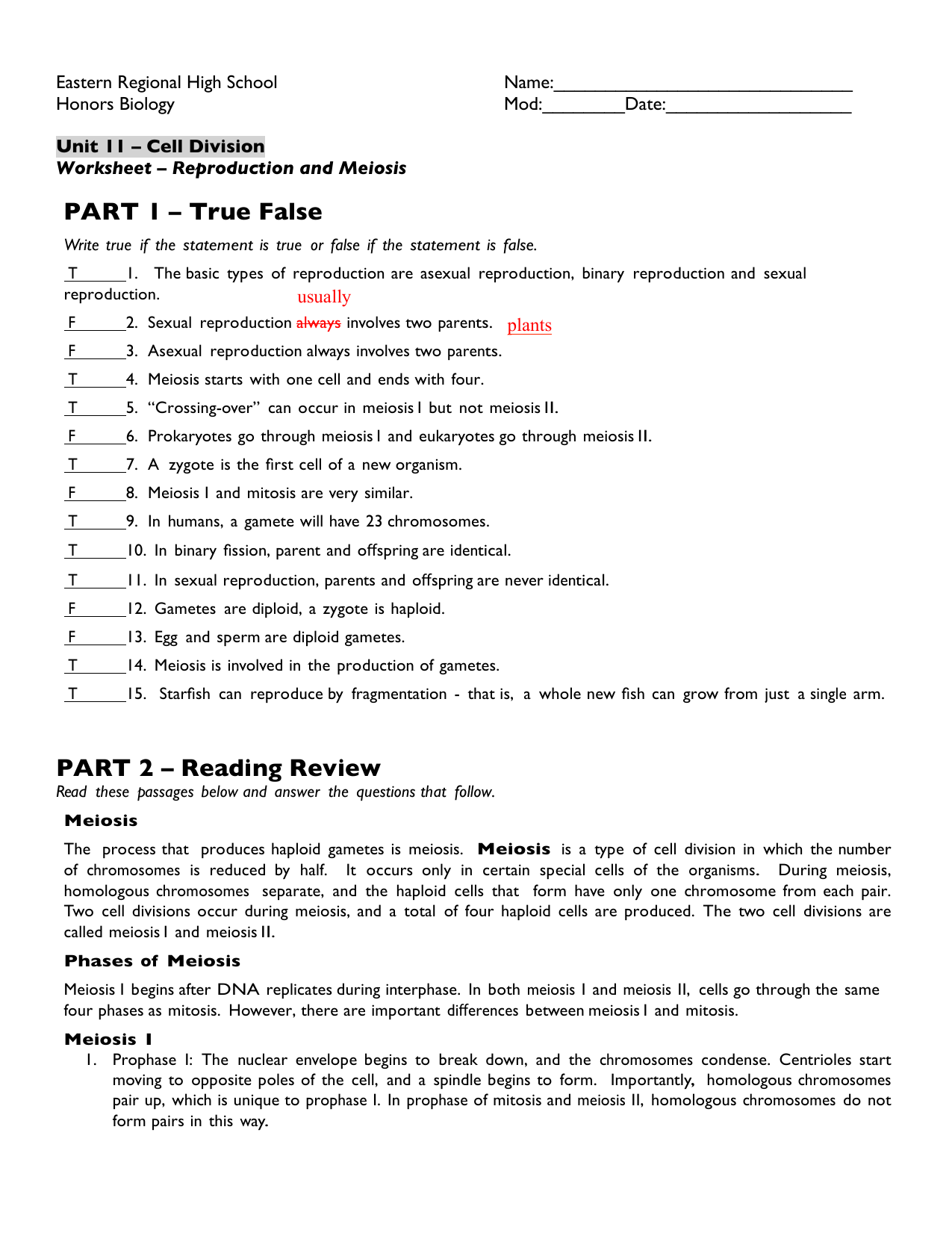 Worksheet - Reproduction and Meiosis ANSWER KEY Regarding Meiosis Matching Worksheet Answer Key