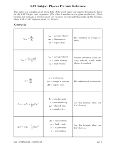 SAT Subject Physics Formula Reference Kinematics