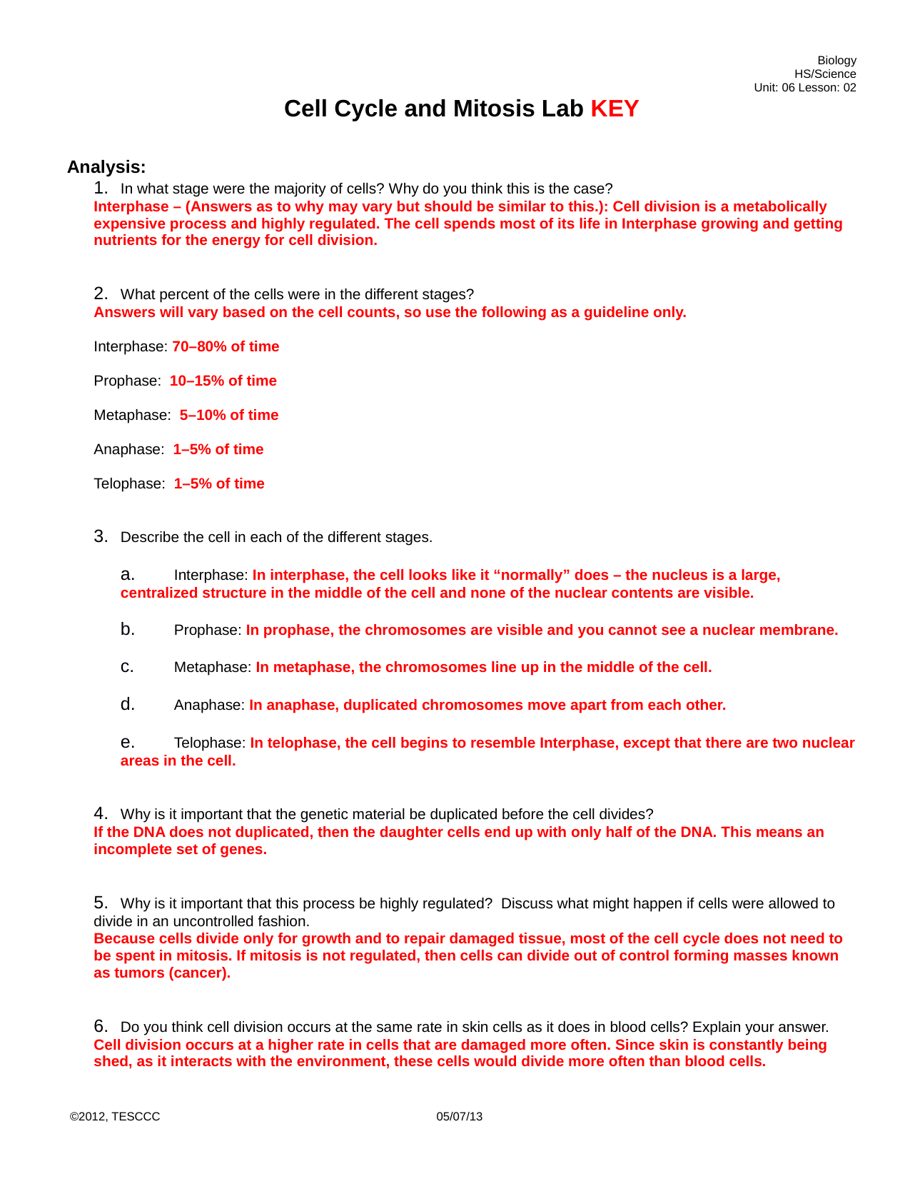 Cell Cycle and Mitosis Investigation KEY Inside Cell Cycle Worksheet Answer Key