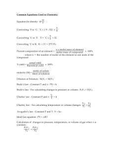 Common Equations Used in Chemistry Equation for density: d= m v