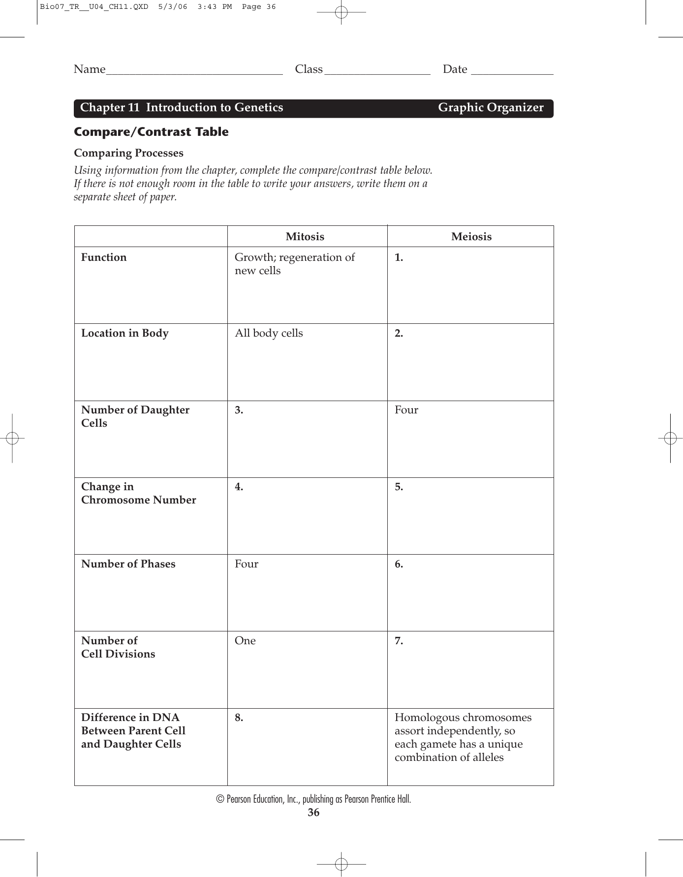 Comparing Mitosis And Meiosis Chart Answer Key