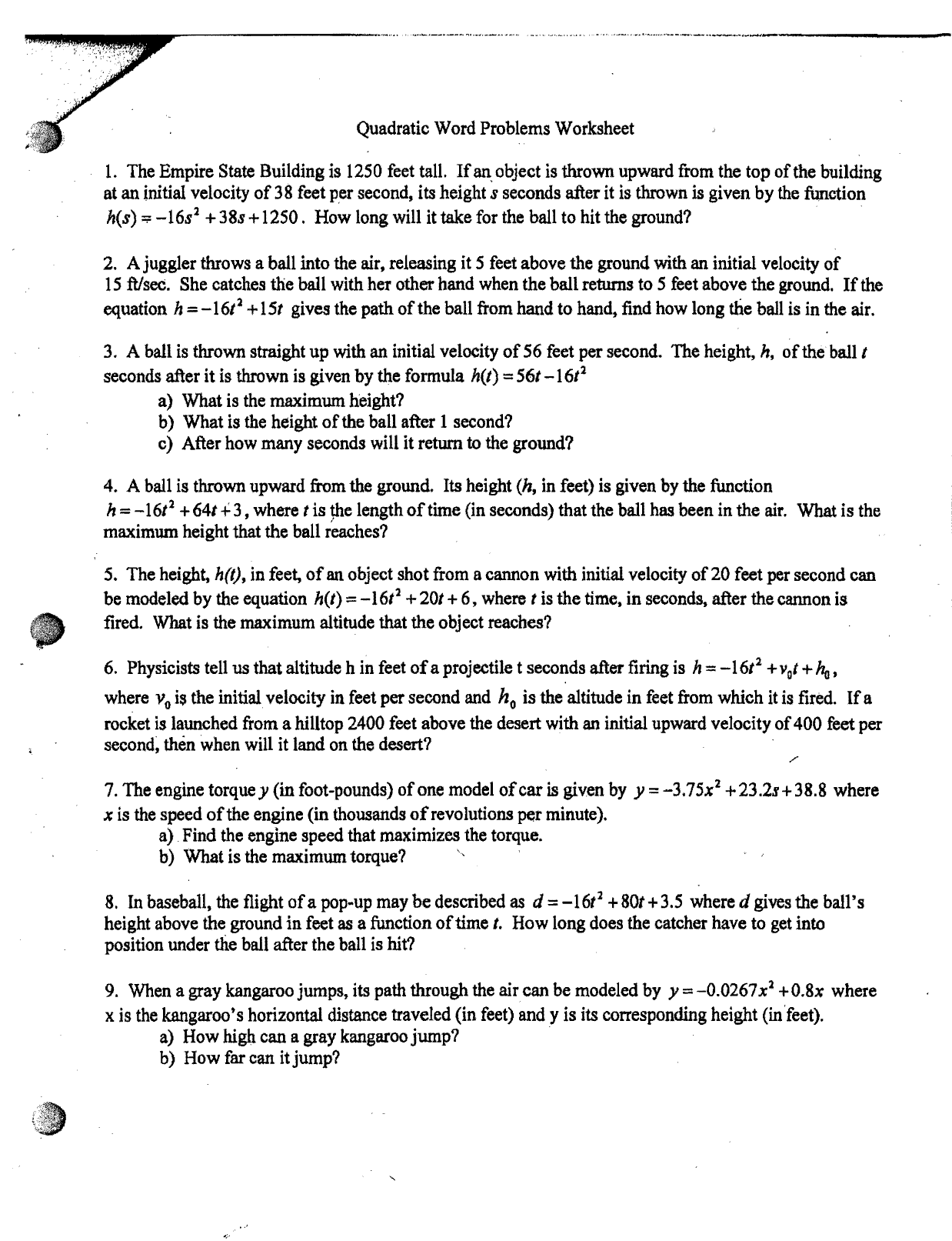 Quadratic Word Problems Worksheet - Worksheet List Intended For Quadratic Equations Word Problems Worksheet