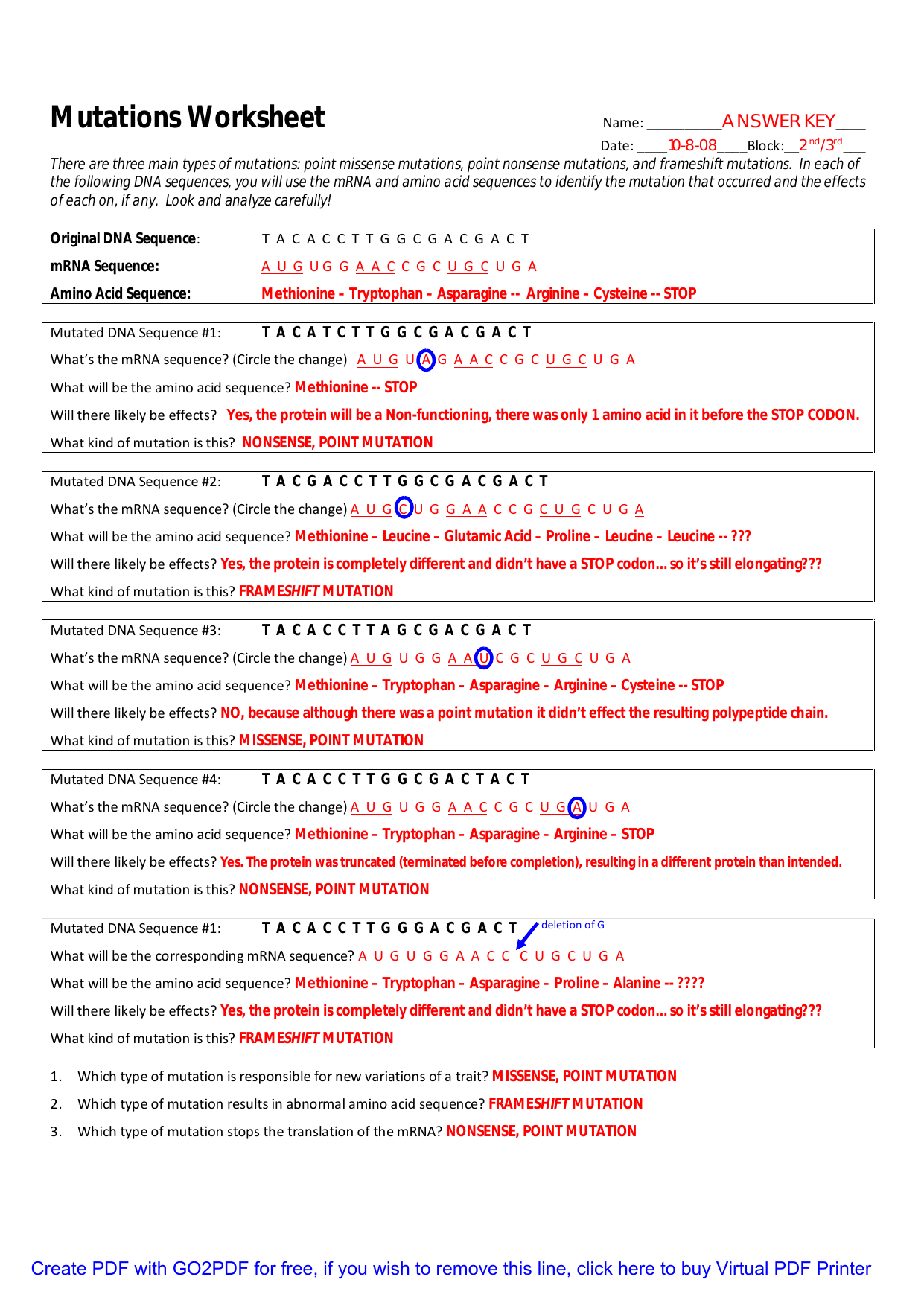 Mutations Worksheet With Mutations Worksheet Answer Key
