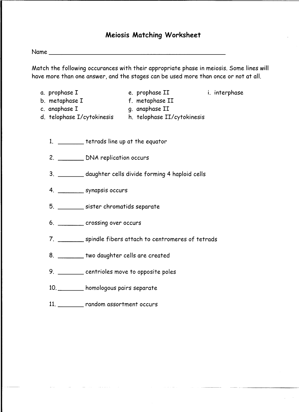 Meiosis Matching Worksheet For Meiosis Worksheet Vocabulary Answers