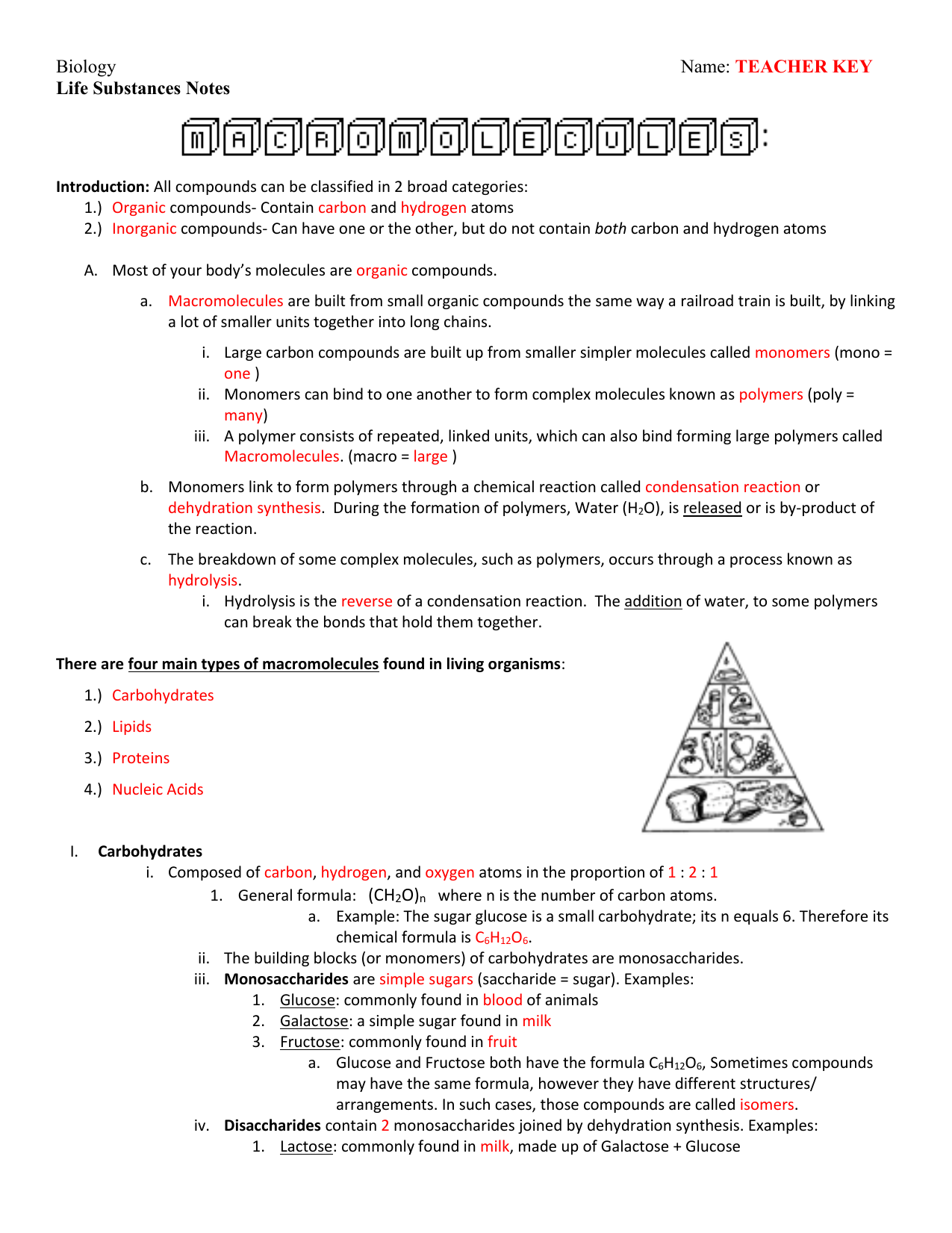 Biology Name: TEACHER KEY Life Substances Notes With Regard To Organic Molecules Worksheet Answer Key