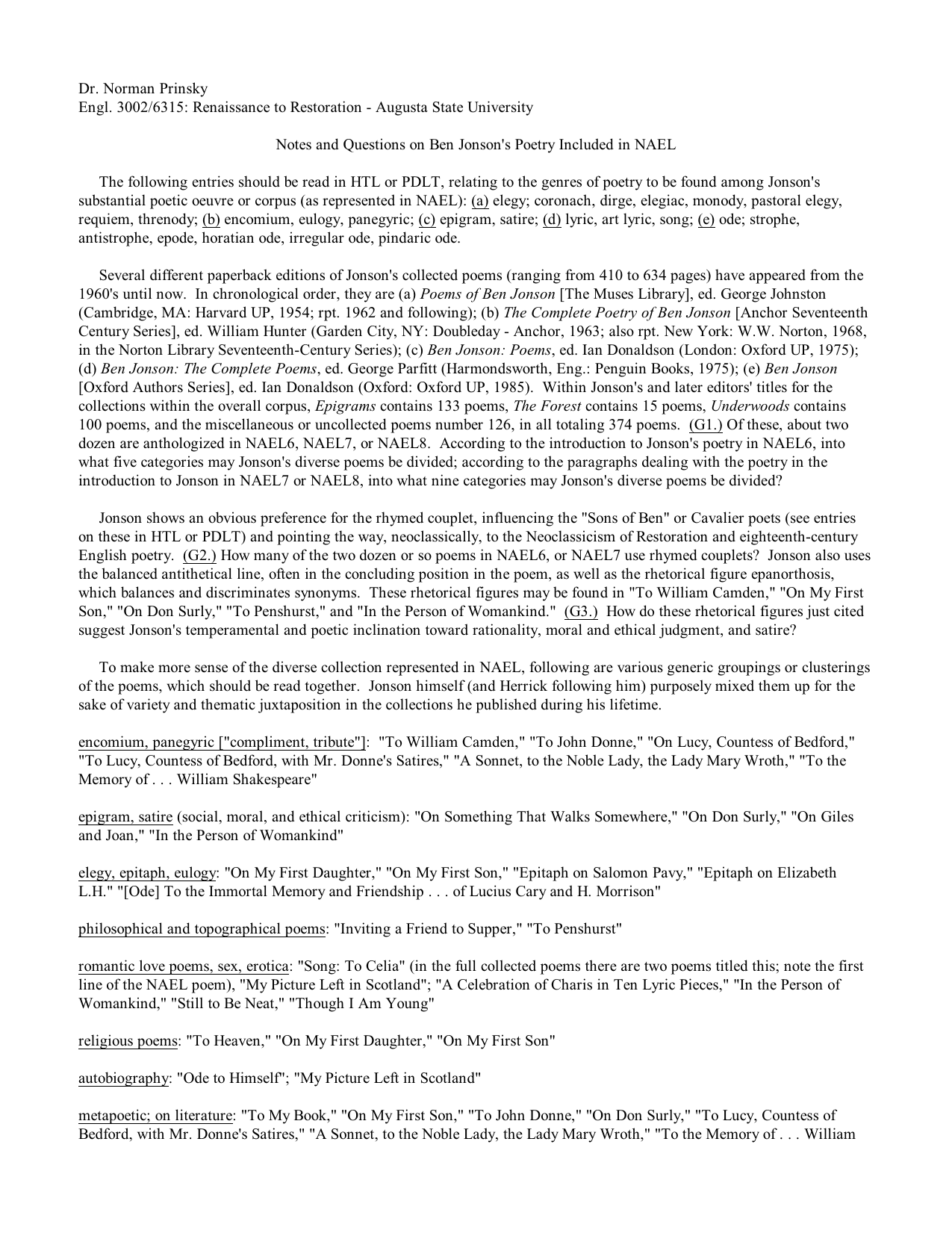 Dr Norman Prinsky Engl 3002 6315 Renaissance To Restoration Dr Norman Prinsky Engl 3002 6315