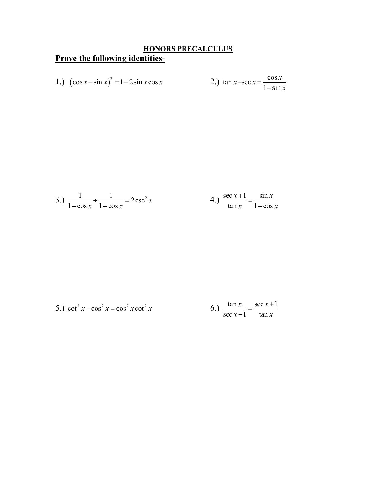 Prove the following identities Intended For Trig Identities Worksheet With Answers