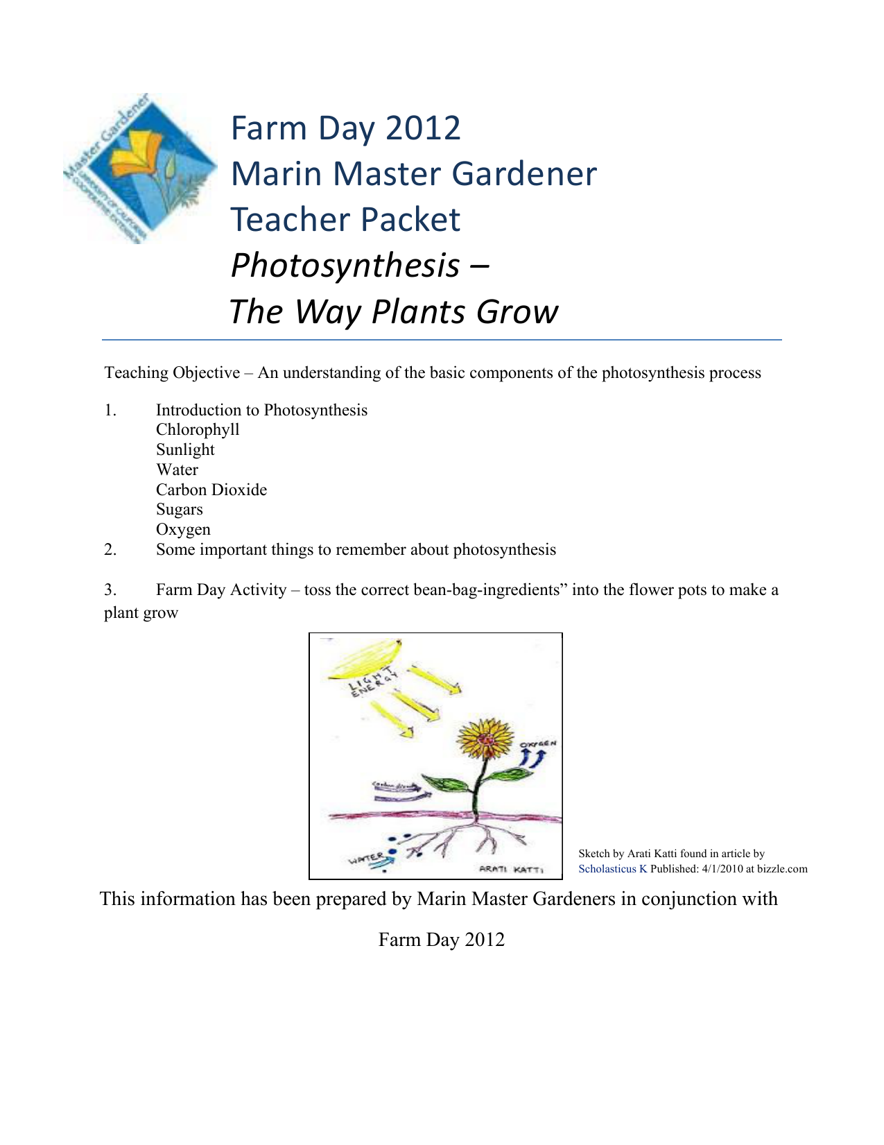 Farm Day 2012 Marin Master Gardener Teacher Packet