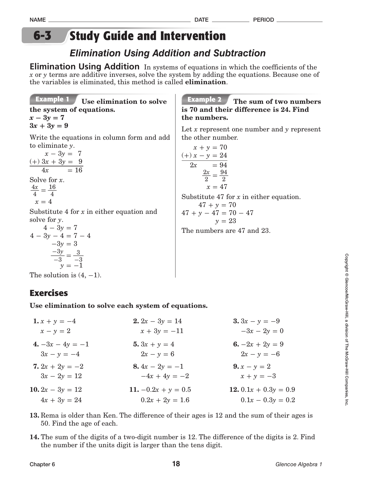 Study Guide And Intervention Elimination Using Addition And