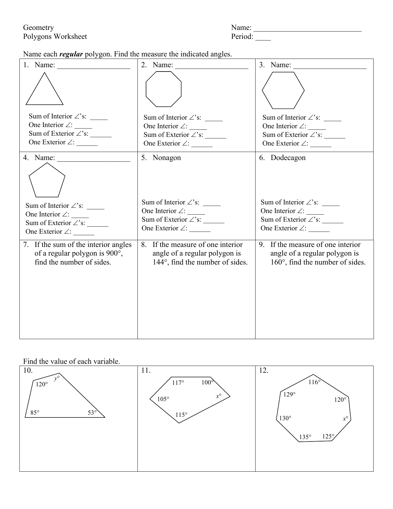 Geometry Name Polygons Worksheet Period Name Each