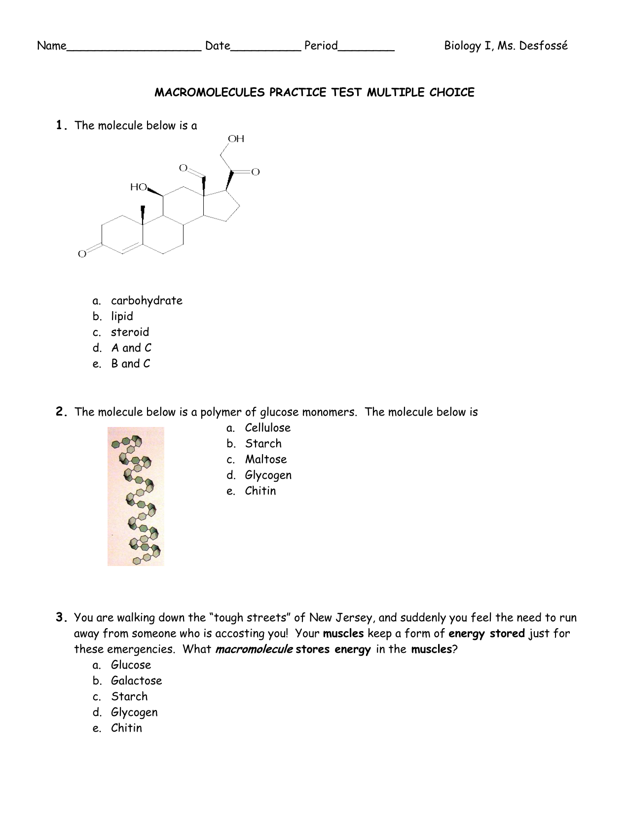 Macromolecules Practice Test Multiple Choice