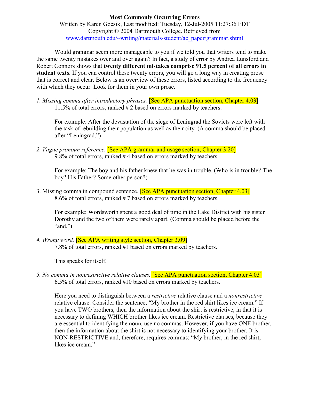 Top Writing Style Errors Top Writing Style Errors