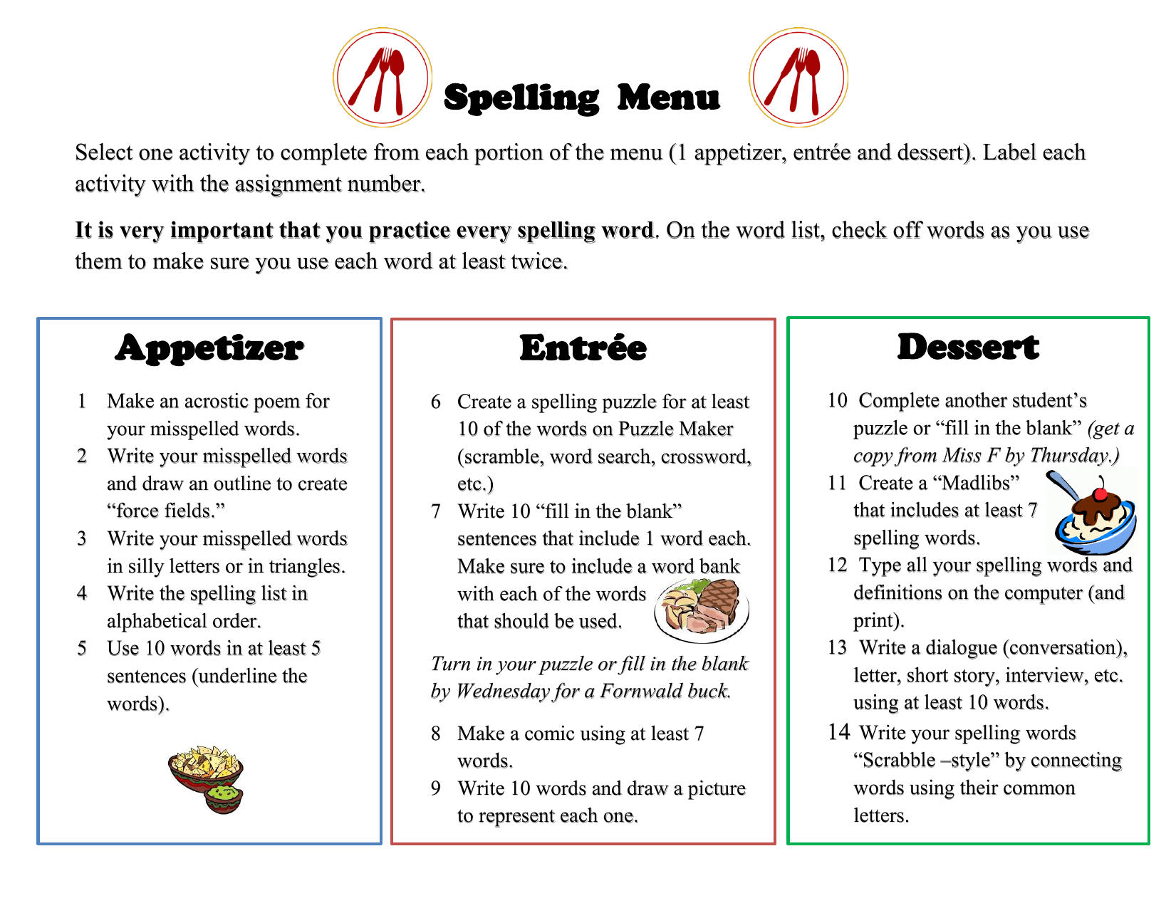 Spelling Menu Appetizer Entree Dessert