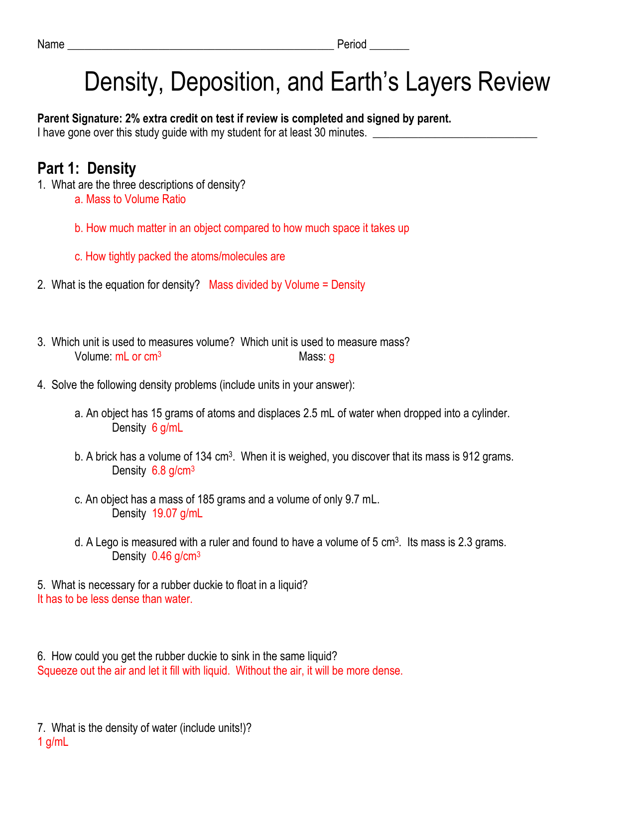 Density and Earth`s Layers Review Answer Key With Regard To Density Worksheet Chemistry Answers
