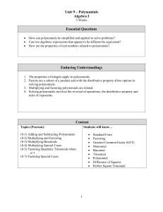 Unit 9 – Polynomials Algebra I Essential Questions Enduring