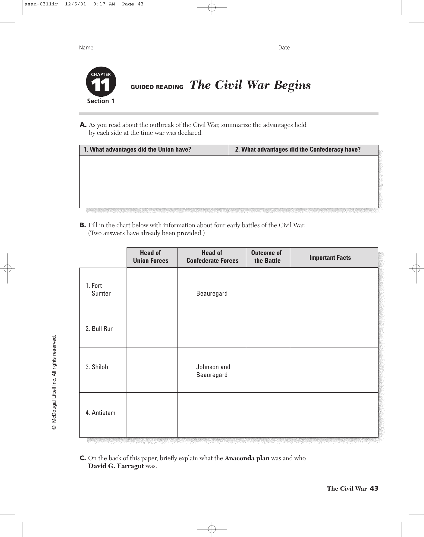 Civil War Map Worksheet