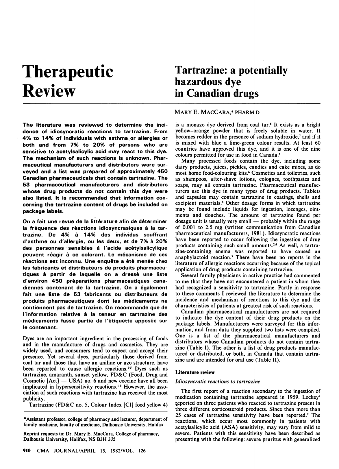 Tartrazine A Potentially Hazardous Dye In Canadian Drugs