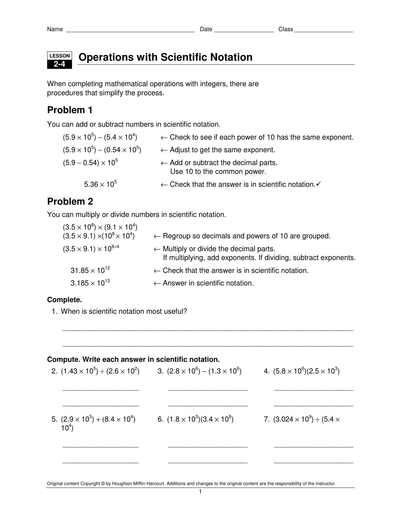 Operations with Scientific Notation With Regard To Operations With Scientific Notation Worksheet