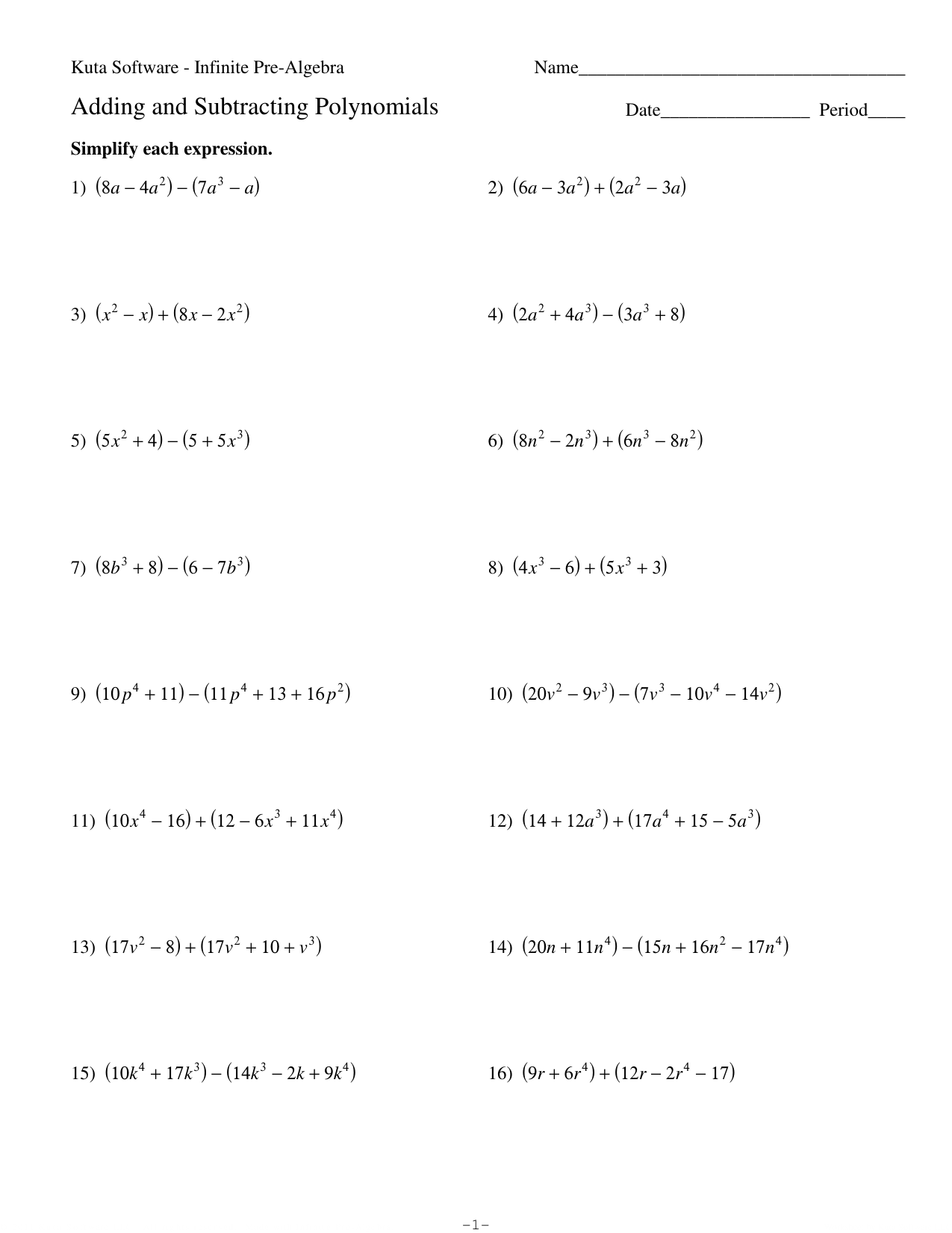 Adding and Subtracting Polynomials Pertaining To Adding Subtracting Polynomials Worksheet