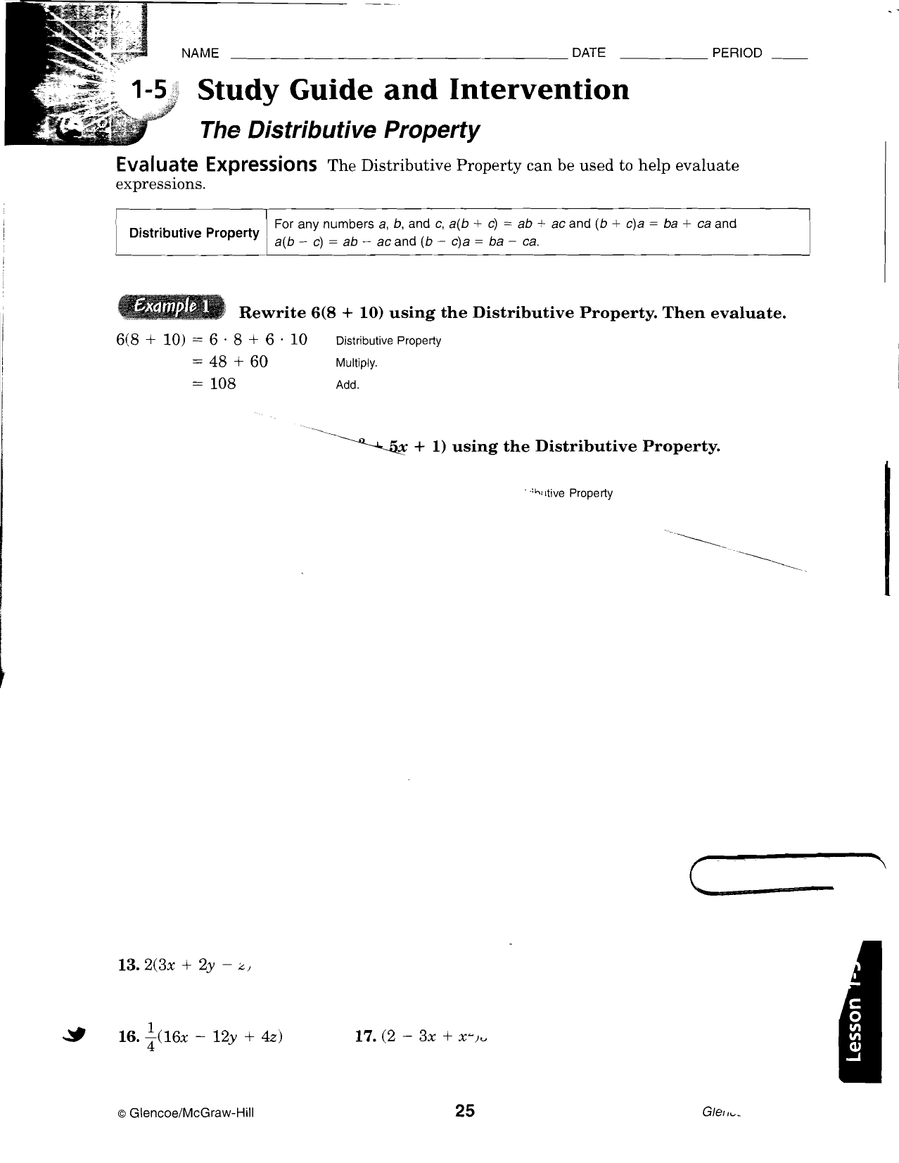 9 2 Study Guide And Intervention Factoring Using The Distributive Property Answers