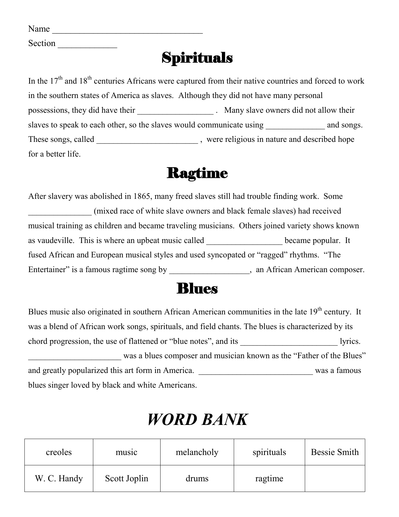 history of jazz worksheet