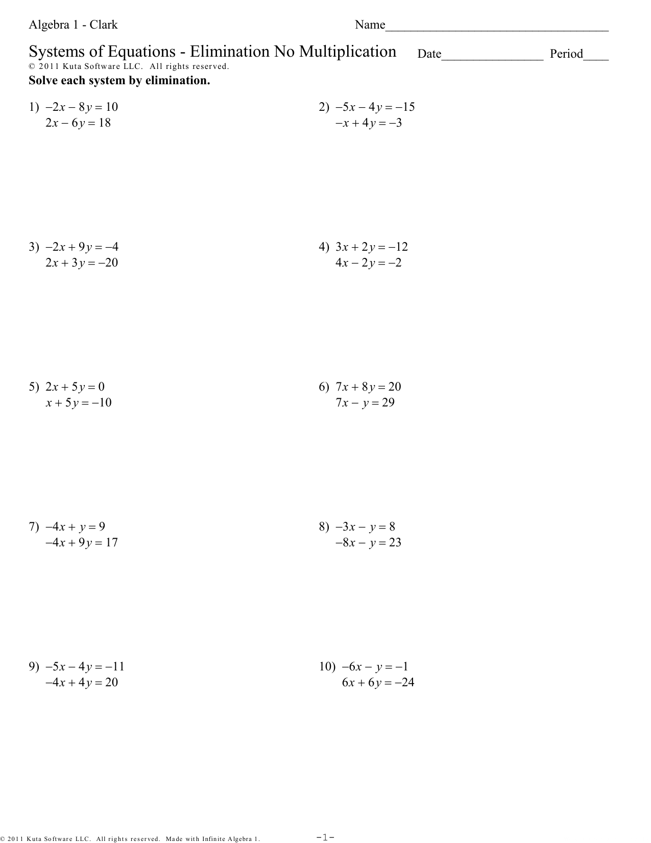 Algebra 20 - Clark - Systems of Equations Intended For Solving System By Elimination Worksheet