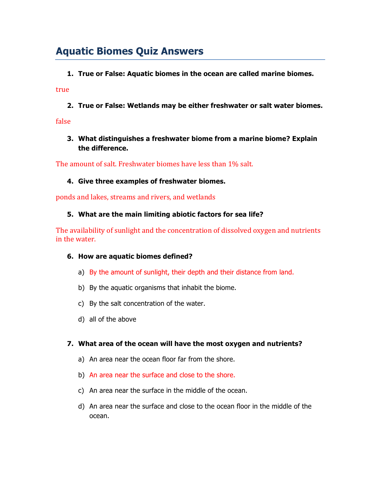 Aquatic Biomes Quiz Answers Intended For 4 4 Biomes Worksheet Answers