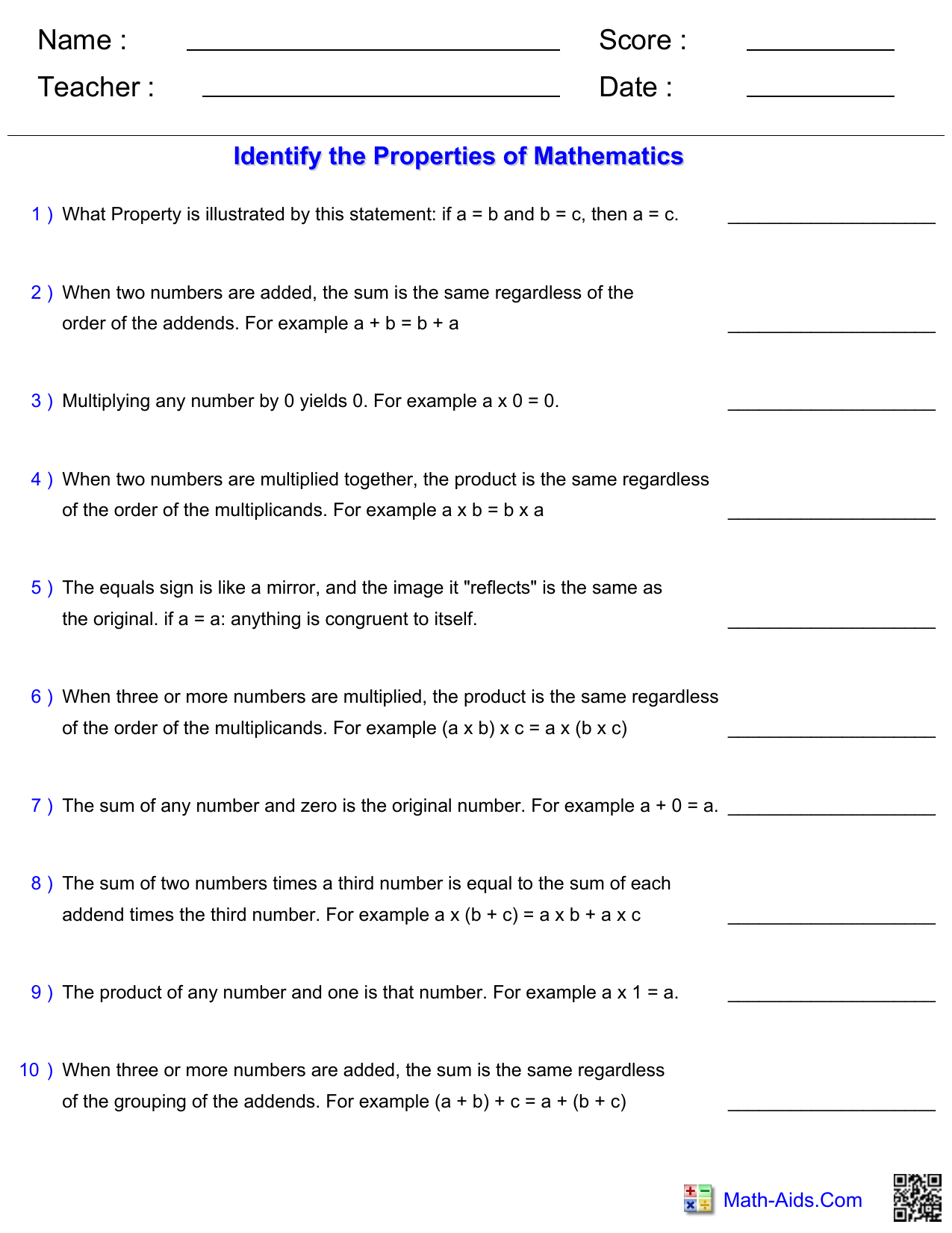 Property Worksheet and Answer Key Intended For Properties Of Equality Worksheet