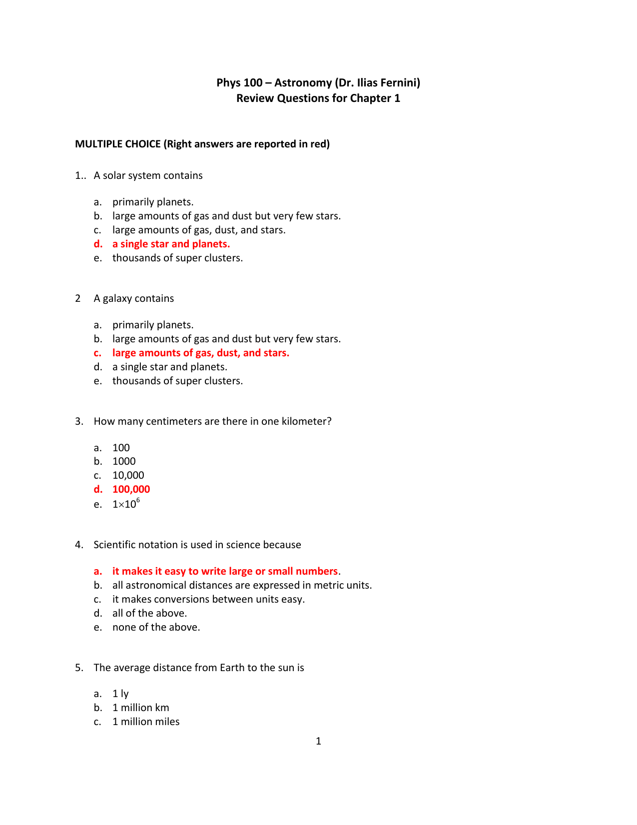 Phys 100 Astronomy Dr Ilias Fernini Review Questions For