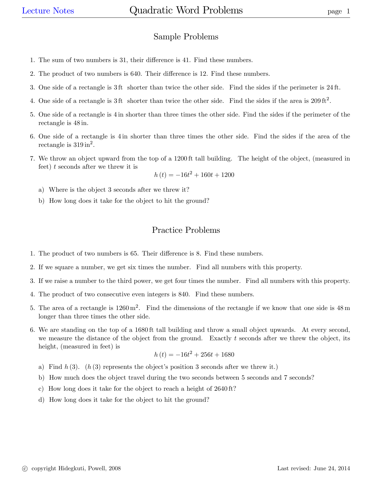 Quadratic Word Problems With Regard To Quadratic Word Problems Worksheet