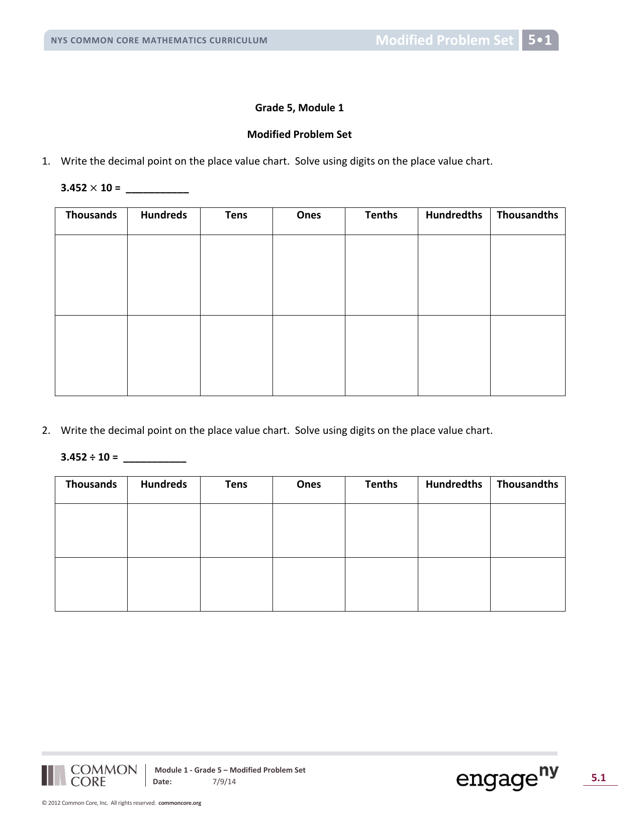 Grade 5 Place Value Chart