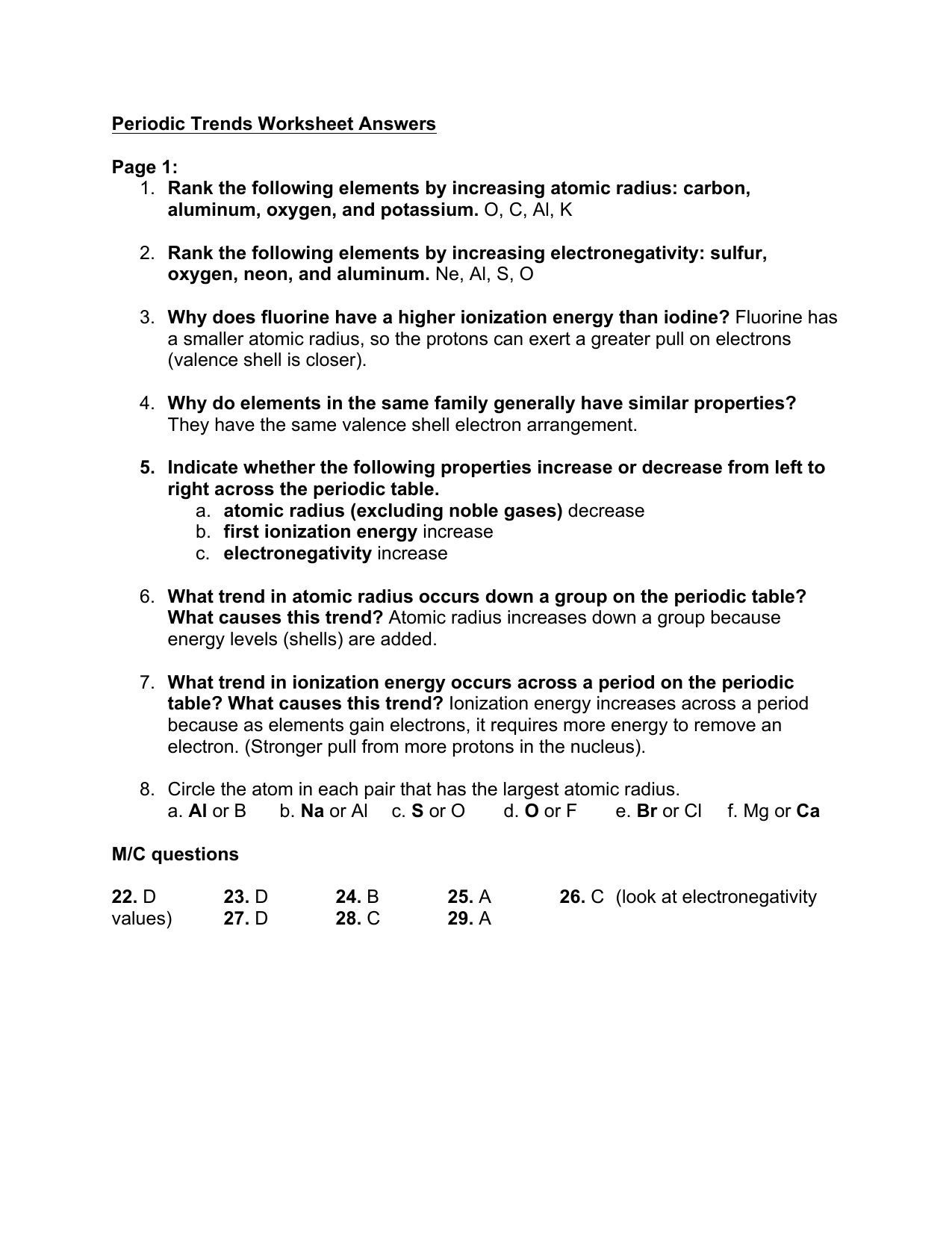 Periodic Trends Worksheet Answers Page 221: 221. Rank the following Throughout Worksheet Periodic Table Trends