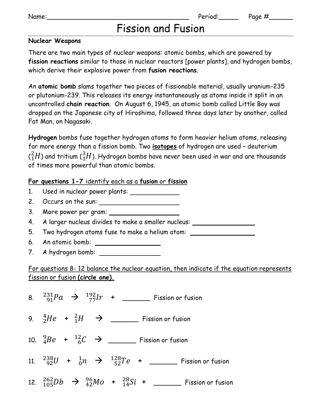 Fission vs Fusion Worksheet In Balancing Nuclear Equations Worksheet