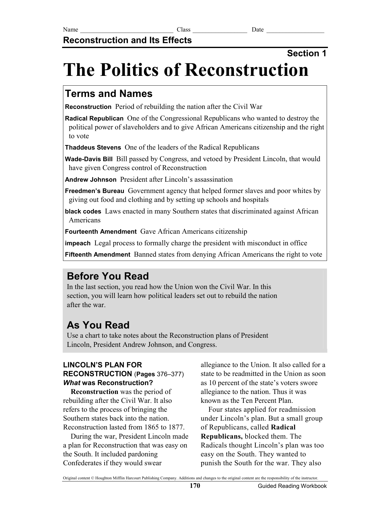 Presidential And Congressional Reconstruction Plans Chart Answers