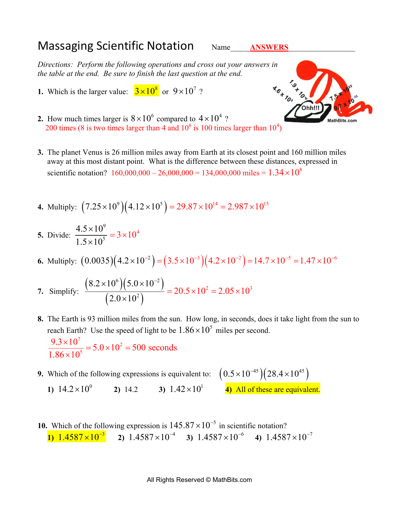 Massaging Scientific Notation ANSWERS With Scientific Notation Worksheet Answer Key