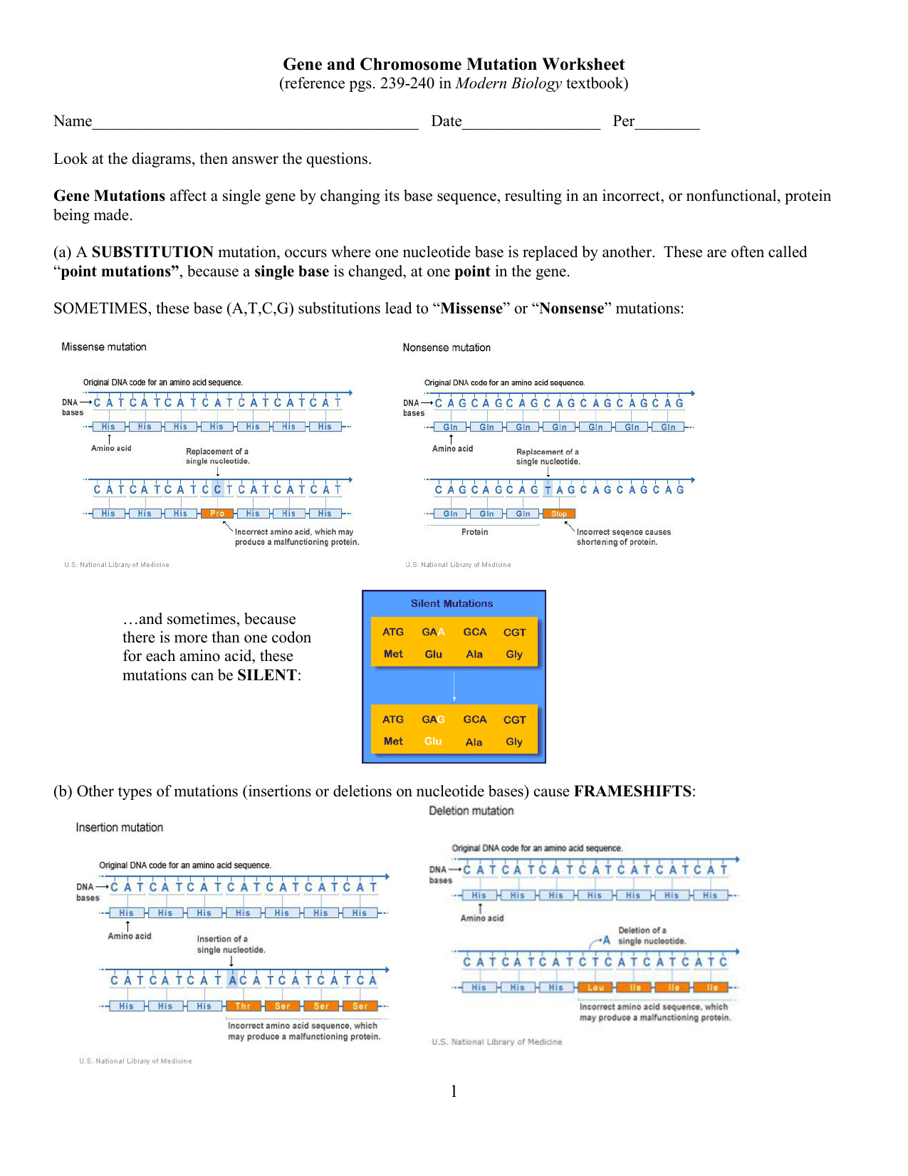 Genetic Mutation Worksheet - Westgate Mennonite Collegiate In Gene And Chromosome Mutation Worksheet