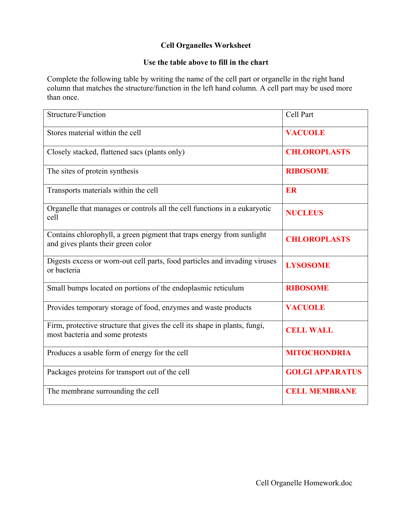 Cell Organelle Homework.doc Cell Organelles Worksheet Pertaining To Cells And Organelles Worksheet