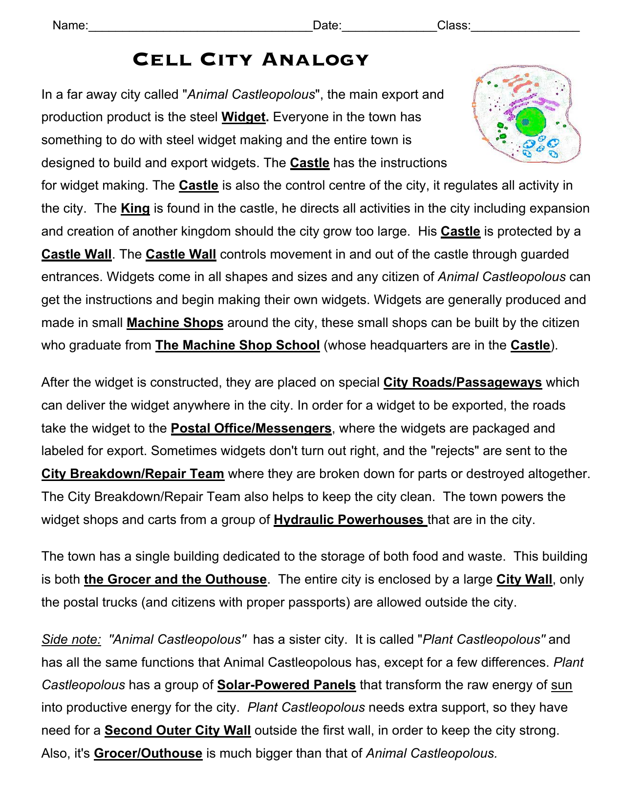 Cell City Analogy In Cell City Analogy Worksheet
