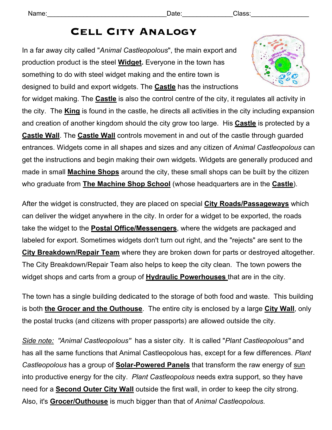 Cell City Analogy Within Cell City Analogy Worksheet Answers