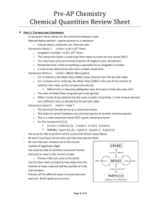 Pre-AP Chemistry Chemical Quantities Review Sheet