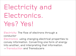 Electricity: The flow of electrons through a conductor Electronics
