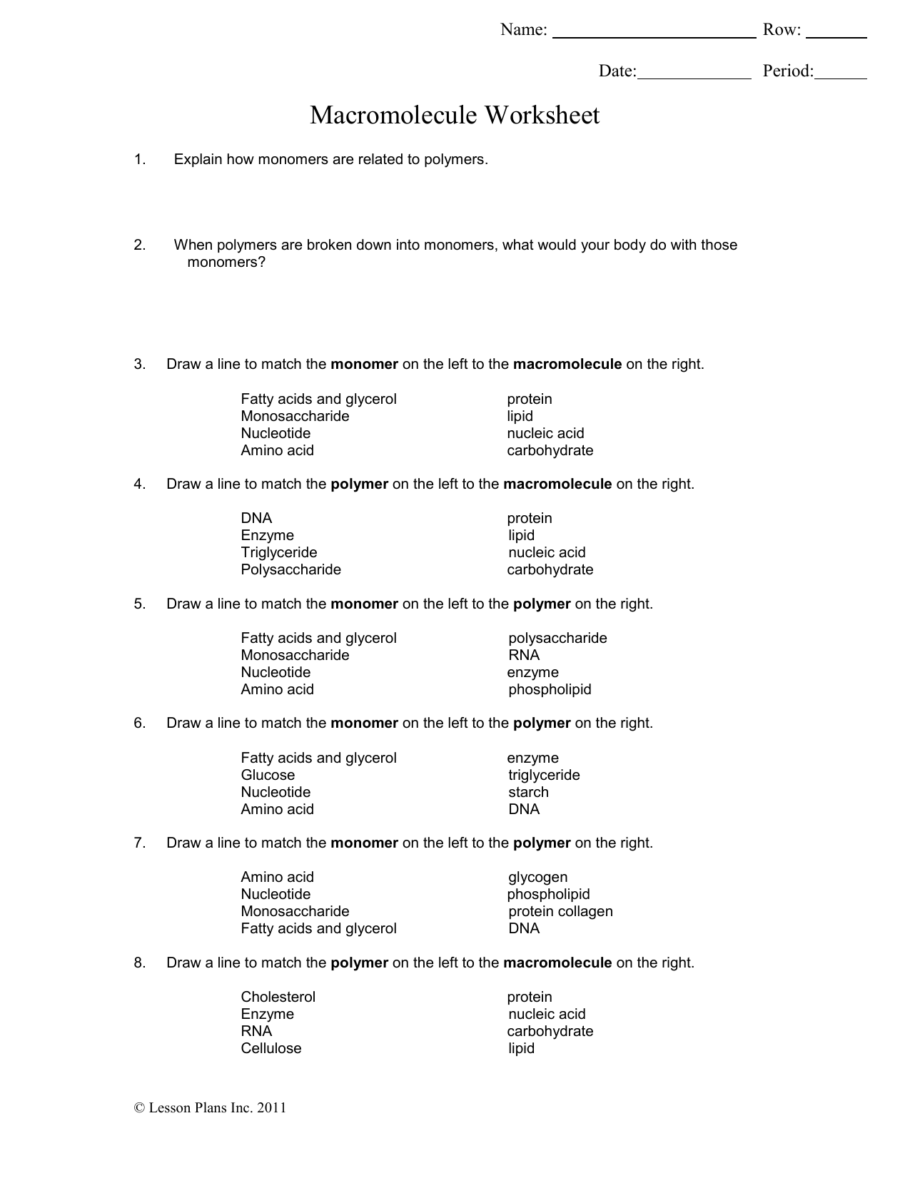 Macromolecule Worksheet Pertaining To Macromolecules Worksheet Answer Key